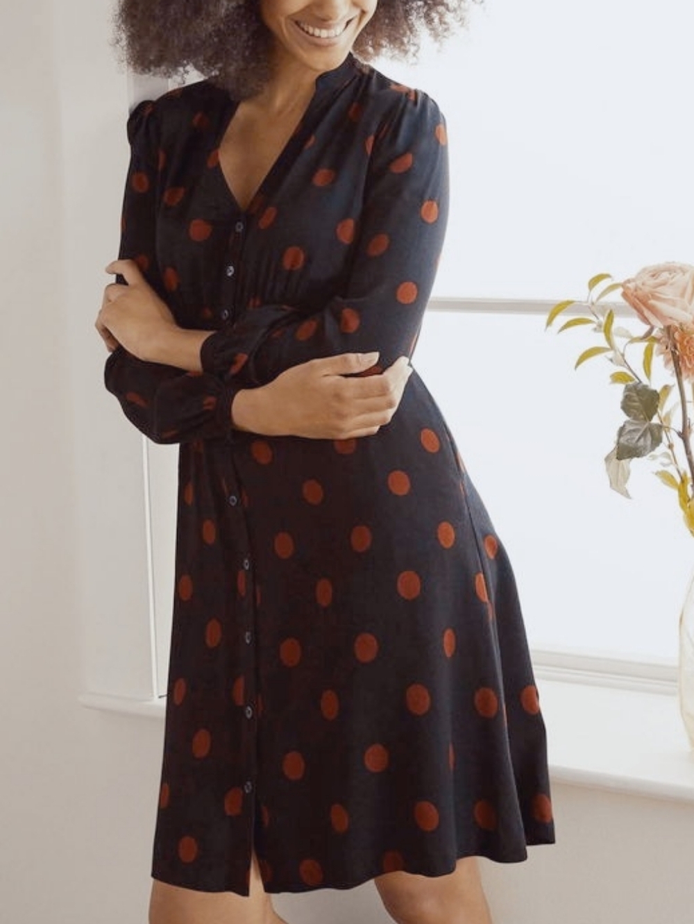 Boden Black Dress with Rust Polka Dots Long Sleeve